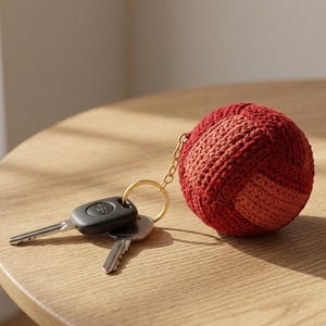 Puede incluir: Un llavero de bola de ganchillo hecho a mano, rojo y naranja, con una cadena y un anillo dorados. Dos llaves de coche están junto al llavero sobre una superficie de madera. El accesorio es decorativo.