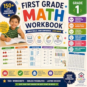 Op de afbeelding: Een kleurrijk wiskundewerkboek voor groep 1 met de titel "First Grade Math Workbook" en de tekst "Build Skills. Gain Confidence. Love Math!". Het werkboek bevat optellen, aftrekken, plaatswaarde en woordproblemen.