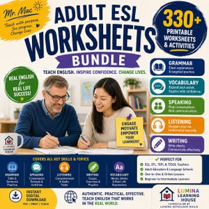 May include: An Adult ESL Worksheets Bundle with over 330 printable worksheets and activities. The image features a man and woman working together, with text that says "Teach English. Inspire Confidence. Change Lives."