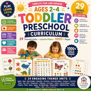 May include: Colorful educational material for toddlers aged 2-4. The image features the text "Toddler Preschool Curriculum" with 29 themed units, lesson plans, and over 1000 pages. Includes flashcards, weekly lesson plans, and daily activities.