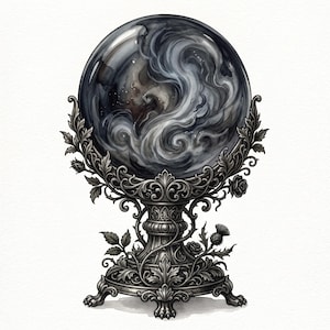May include: A dark, spherical crystal ball filled with swirling grey and white smoke, set upon an ornate, metallic stand. The base features intricate scrollwork, sculpted leaves, small rose buds, and thistle motifs, supported by three clawed feet.