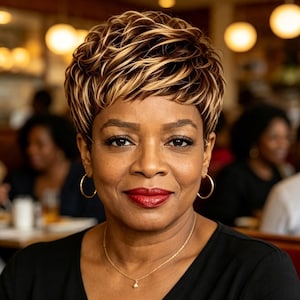 May include: A person with a short, textured, layered haircut featuring dark brown and blonde highlights. The person wears thin gold hoop earrings and a delicate gold chain necklace with a small pendant, paired with a simple black top.