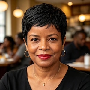 May include: A person with short, dark, textured hair, wearing gold hoop earrings and a delicate gold chain necklace with a small pendant. The person has a neutral expression, dark eyes, and bold red lipstick, captured in a head and shoulders portrait.