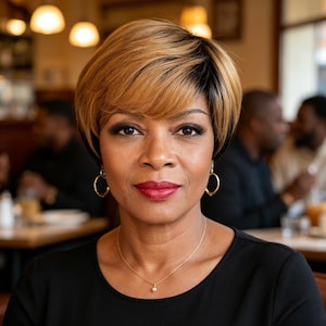 May include: A person with a short, layered blonde and brown hairstyle, wearing gold hoop earrings and a delicate gold chain necklace with a small pendant. The individual has dark eyebrows, dark eyeliner, and bold red lipstick on their lips.