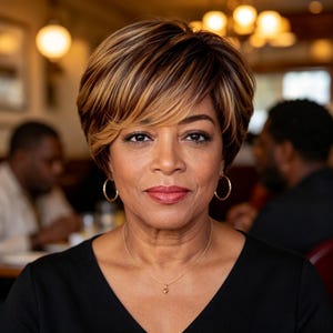 Customized labels,Short Brown Pixie Wig with Side Bangs, Highlighted Synthetic Heat Resistant Hair, Natural Layered Short Cut Wig for Mature