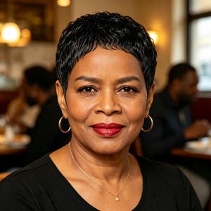 May include: A person with short, dark, textured hair, wearing gold hoop earrings and a delicate gold chain necklace. The individual has dark skin, defined eyebrows, and bright red lipstick, captured in a head-and-shoulders portrait view.