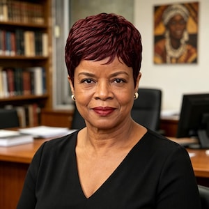 May include: A person with short, dark reddish-brown hair styled in a textured pixie cut, wearing a black V-neck top and small gold hoop earrings. The individual has a neutral expression and is positioned in an office setting with bookshelves.