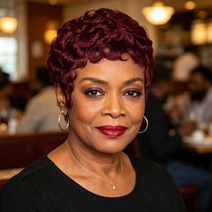 May include: A person with short, curly, deep burgundy hair, wearing gold hoop earrings and a delicate gold chain necklace. The individual has dark skin, defined eyebrows, and deep red lipstick, captured in a portrait-style headshot.