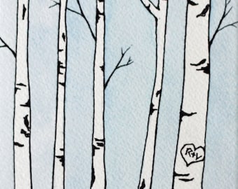 Custom Wedding Initials Birch Tree Watercolor Painting // Anniversary Gift
