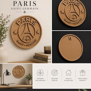 May include: A circular brown wall plaque featuring the Paris Saint-Germain logo with the Eiffel Tower, a fleur-de-lis, and two stars. The text reads PARIS SAINT-GERMAIN. The back of the plaque includes a built-in mounting bracket for hanging.