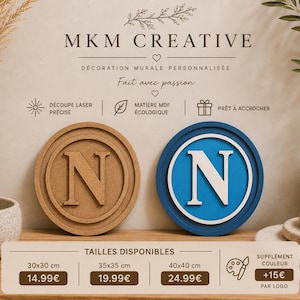 May include: Two wooden wall decorations, one tan and one blue, each featuring the letter "N" in a circular design. The tan one has a natural wood finish, while the blue one has a white border. The text "MKM CREATIVE" is at the top.