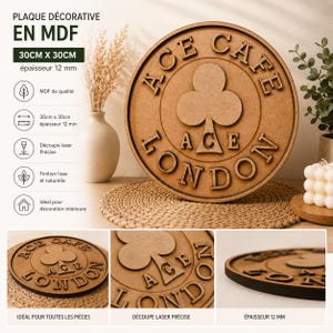 May include: A circular brown MDF plaque featuring the text ACE CAFE LONDON and a central club symbol. The plaque measures 30 cm by 30 cm with a thickness of 12 mm. The design is laser-cut with a smooth, natural finish, displaying raised lettering.