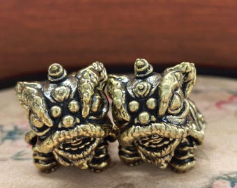 2 Vintage Brass Lion Dance Figurine Lucky Lion Ornament Mini Desktop Tea Pet Decor
