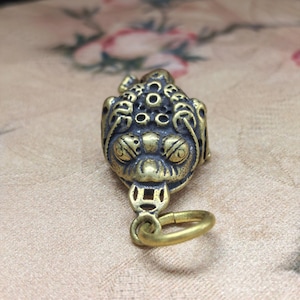 Può includere: Un ciondolo a forma di rana in ottone dettagliato con dettagli intricati, tra cui fori multipli e un attacco ad anello. Il volto della rana è ben definito e il ciondolo ha un aspetto vintage. Il ciondolo è di colore dorato.