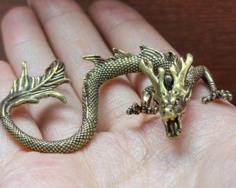 Vintage Brass Coiled Dragon Figurine Auspicious Dragon Sculpture Desk Ornament