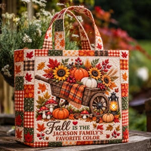 Personalized Fall Quilted Tote Bag, Custom Family Name Autumn Bag, Pumpkin Sunflower Thanksgiving Gift, Fall Market Tote