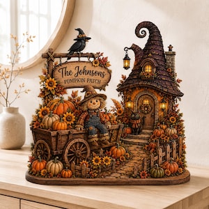Puede incluir: Un adorno de mesa que muestra un carro de madera lleno de calabazas, un espantapájaros y un letrero que dice The Johnsons PUMPKIN PATCH. A su lado hay una casa con un gato negro, girasoles y detalles de follaje otoñal decorativo.