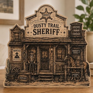 Peut inclure: Une enseigne en bois découpée au laser représentant un bureau de shérif de style western. La façade porte l'inscription DUSTY TRAIL SHERIFF, une étoile de shérif, un avis de recherche, un personnage en chapeau de cow-boy et un cheval.