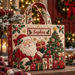 Op de afbeelding: Een gewatteerde tas met een feestelijk kerstontwerp met een glimlachende kerstman, een versierde kerstboom en ingepakte cadeaus. De crèmekleurige stof is versierd met hulstbladeren, bessen en sneeuwvlokken. De naam Sophia is erop geborduurd.