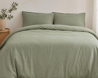 Juego de funda nórdica 100% algodón verde salvia / Ropa de cama suave de estilo rústico con acabado lavado.