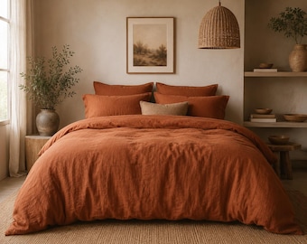 Rust Orange Washed Linen Duvet Cover Set | Burnt Terracotta Bedding, Soft Breathable Comforter Cover