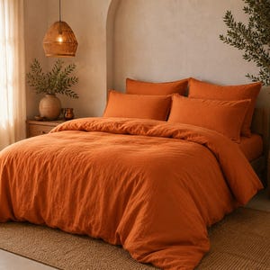 Pumpkin Orange Washed Linen Duvet Cover Set | Soft, Breathable Bedding (3-Piece)