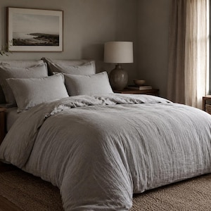 May include: A light grey linen duvet cover set featuring a textured, woven fabric appearance. The bedding includes a large duvet cover draped over a bed and four matching rectangular pillow shams arranged against the headboard of the bed frame.