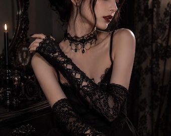 Gothic Lace Gloves Black Fingerless Arm Sleeves – Dark Feminine Victorian Gloves