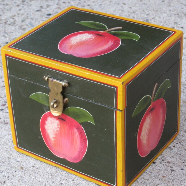 Vintage Black Painted Wood Box, Hinged Lid & Brass Latch - Apple Design With Striping - Folk Art Style - Recipe or Tea Box, Storage, Display