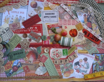 Apple Picking Fall Jumbo Vintage Inspiration Kit - 207 Pieces - Red Green Gold Brown - Antique Papers,Trims - Vintage Supplies Scrapbooking