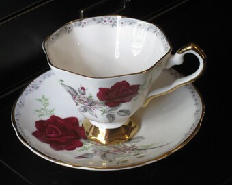 Exquisite Royal Stafford Bone China Tea Cup & Saucer - Vintage, English - Roses To Remember Pattern - Gold Trim, Red Roses - Wedding