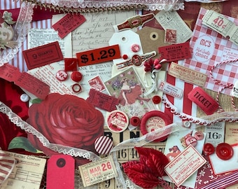 Peppermint Red & White Stripe Extra Large Vintage Inspiration Kit -120 Pieces - Antique Papers, Lace, Ribbon, Supplies - Spring, Valentines