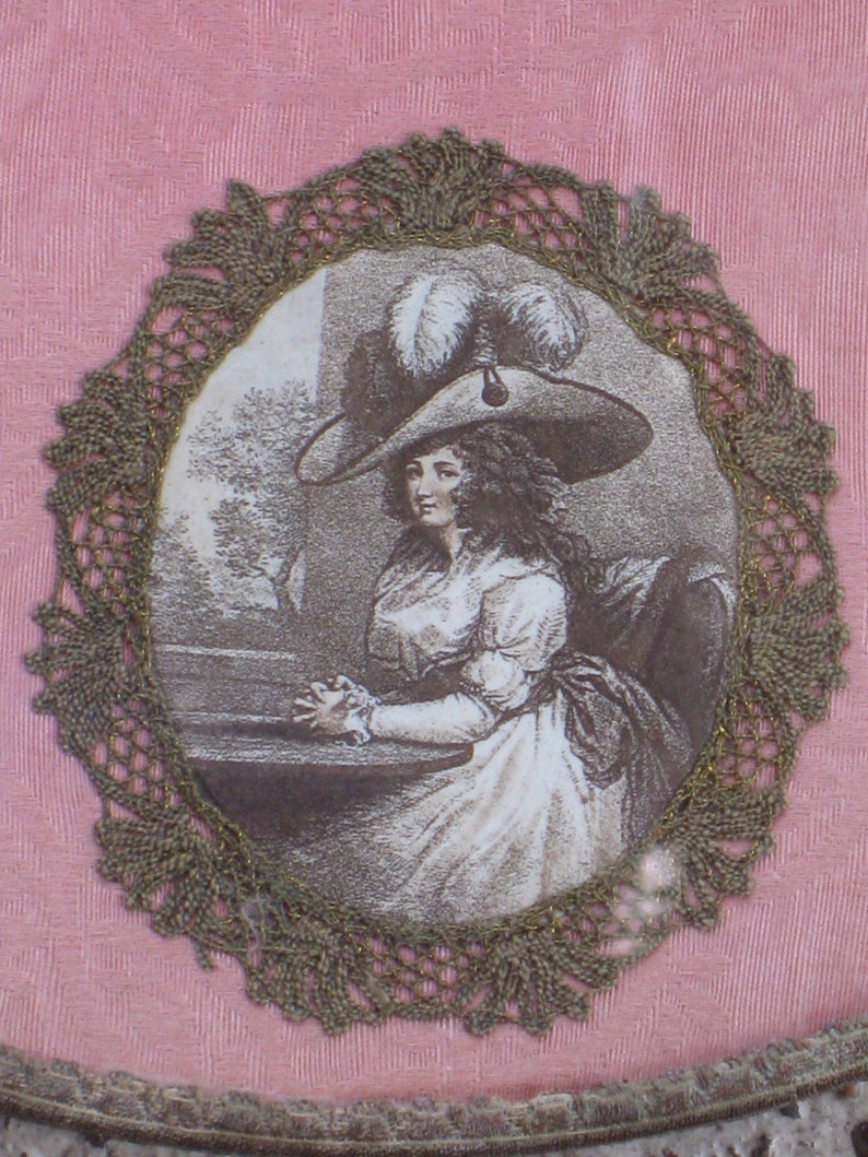 Price Reduced Exquisite Antique French Textile Dresser Boudoir Tray Rose Pink Silk Damask, Metallic Lace & Lame, Lady Lithos Vintage image 3