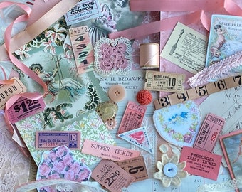 Salmon Pink Large Vintage Inspiration Kit -101 Pieces - Antique Papers, Lace, Ribbon, Notions, Journaling Supplies - Spring, Valentines