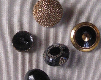 5 Antique Black Glass Buttons With Gold Decoration - Edwardian, Victorian - Vintage Sewing Supplies, Notions