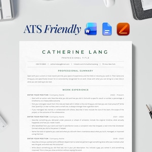 May include: A white resume template document with dark text featuring sections for professional summary and work experience, labeled ATS Friendly, accompanied by a black pen and a ruler showing metric measurements in centimeters.