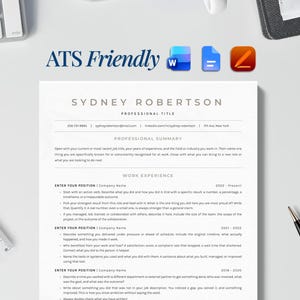 May include: A white resume template titled ATS Friendly with sections for professional summary and work experience, featuring the name Sydney Robertson, a black pen, and a ruler showing metric measurements in centimeters.
