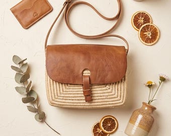 Moroccan Straw and Leather Crossbody Bag Handwoven Moss and Wicker Purse Handmade Summer Boho Shoulder Bag  Small Straw  Bag
