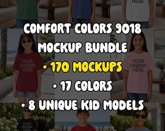 Comfort Colors 9018 Mockup Bundle, Youth T-Shirt Mockup, Kids Shirt Mockup, Child Model Mockup, 170 Images, 17 Colors, POD Mockup Bundle