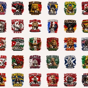 May include: A collection of forty-five circular graphic emblems featuring various national flags, animals, and soccer balls, each labeled with a country name and the year 2026. The designs are arranged in a grid, showcasing diverse wildlife and symbols.
