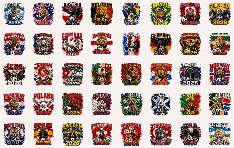 May include: A collection of forty-five circular graphic emblems featuring various national flags, animals, and soccer balls, each labeled with a country name and the year 2026. The designs are arranged in a grid, showcasing diverse wildlife and symbols.