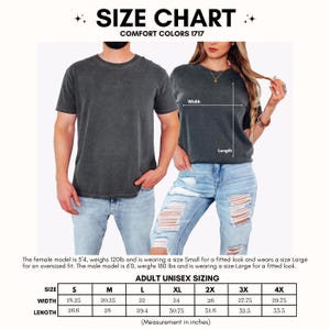 May include: A size chart for Comfort Colors 1717 t-shirts featuring a table with adult unisex sizing in inches. The chart displays width and length measurements for sizes S through 4X, ranging from 18.25 to 29.75 inches wide and 26.6 to 33.5 inches long.