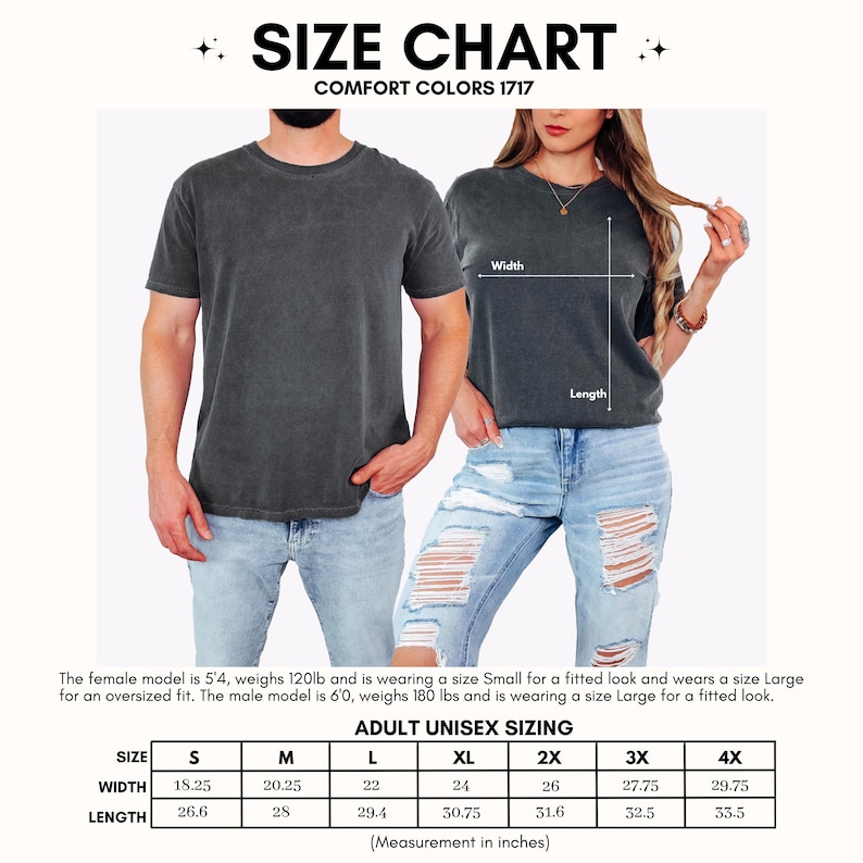 May include: A size chart for Comfort Colors 1717 t-shirts featuring a table with adult unisex sizing in inches. The chart displays width and length measurements for sizes S through 4X, ranging from 18.25 to 29.75 inches wide and 26.6 to 33.5 inches long.