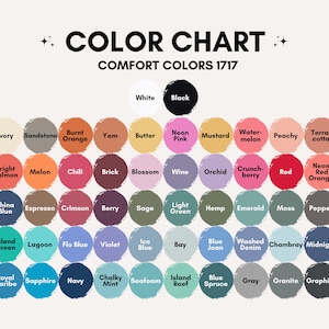 May include: A color chart for Comfort Colors 1717 featuring a grid of circular paint swatches. Each circle is labeled with a specific color name, including Ivory, Sandstone, Burnt Orange, Yam, Butter, Neon Pink, Mustard, Watermelon, Peachy, and Terracotta.