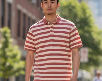 GANT Striped Pique Polo Shirt: Faded Red, Cream, 100% Cotton (Fits M/Slim L)