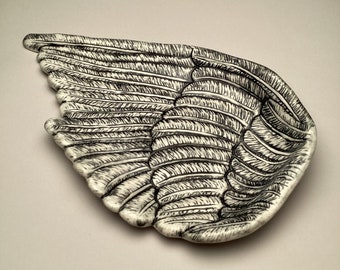 Porcelain Angel Wing - handmade ceramic dish - hand carved plate - smudge tray - bird wing - feathers - decorative tray - jewelry holder