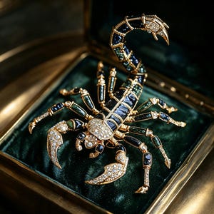 May include: A scorpion brooch crafted from gold-tone metal, featuring a body adorned with dark blue and green enamel segments. The claws and head are encrusted with clear, sparkling rhinestones, and the tail curves upward in a detailed design.