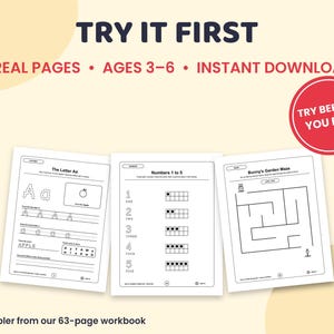 Puede incluir: Tres páginas de actividades educativas para niños de 3 a 6 años con ejercicios de caligrafía para la letra A, conteo de números del 1 al 5 con marcos de diez y un laberinto de jardín. El texto incluye TRY IT FIRST, 3 REAL PAGES, AGES 3-6, INSTANT DOWNLOAD, TRY BEFORE YOU BUY y Sampler from our 63-page workbook.