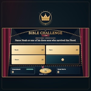 Puede incluir: Una interfaz de juego digital Bible Challenge con una pregunta sobre Noé y sus hijos. La pantalla muestra opciones de respuesta para Noé, Sem y Cam con valores de puntos, un banco de ronda de 75 y puntuaciones para Team Grace y Team Truth.