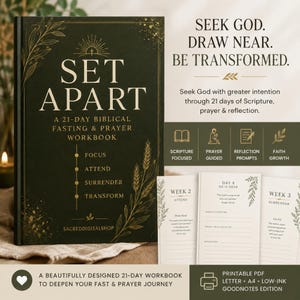 Può includere: Un quaderno di esercizi per il digiuno e la preghiera biblica di 21 giorni intitolato SET APART, di colore verde scuro con accenti dorati. La copertina presenta illustrazioni di grano e testo. Sono inclusi esempi di pagine interne.